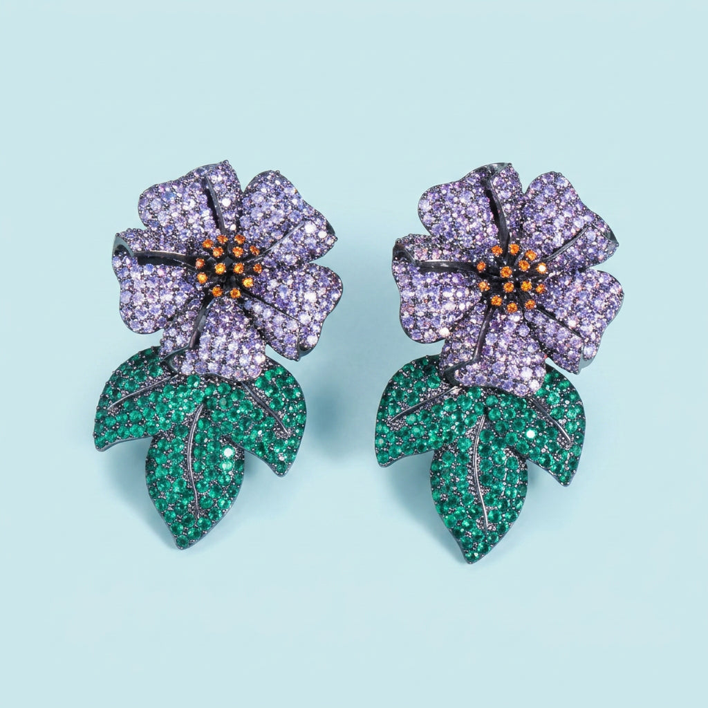 Purple flower green leaf CZ earrings front