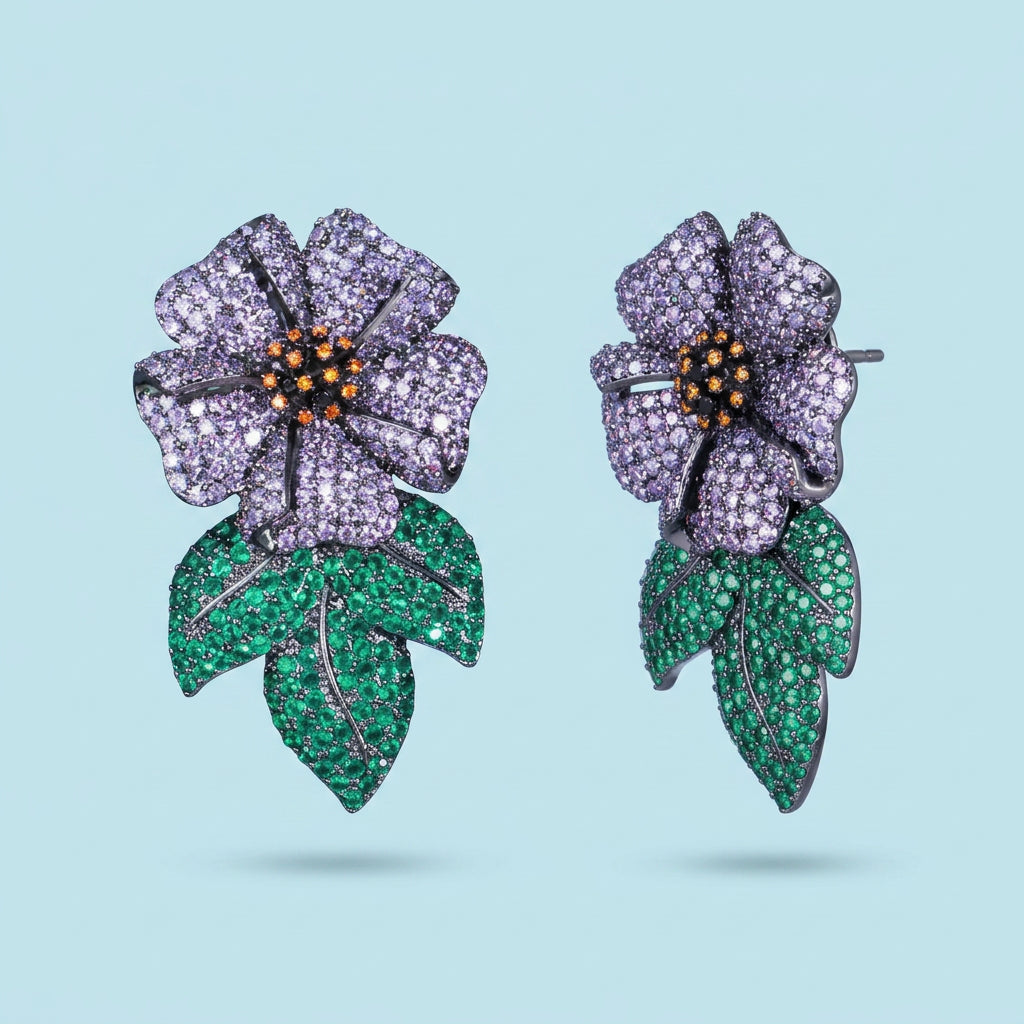 Purple flower green leaf CZ earrings detail