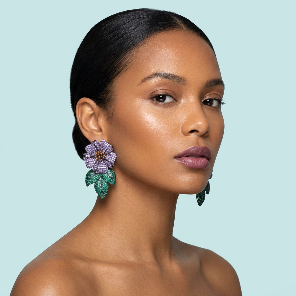 Model wearing purple flower green leaf CZ statement earrings