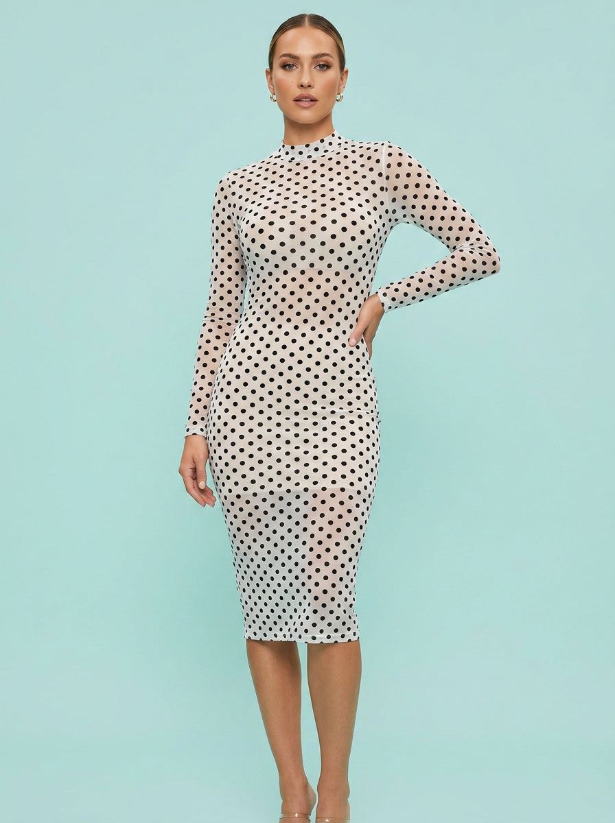 Polka dot bodycon mesh midi dress on model