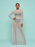 Polka dot 2 in 1 bodycon mesh dress with maxi skirt overlay on model