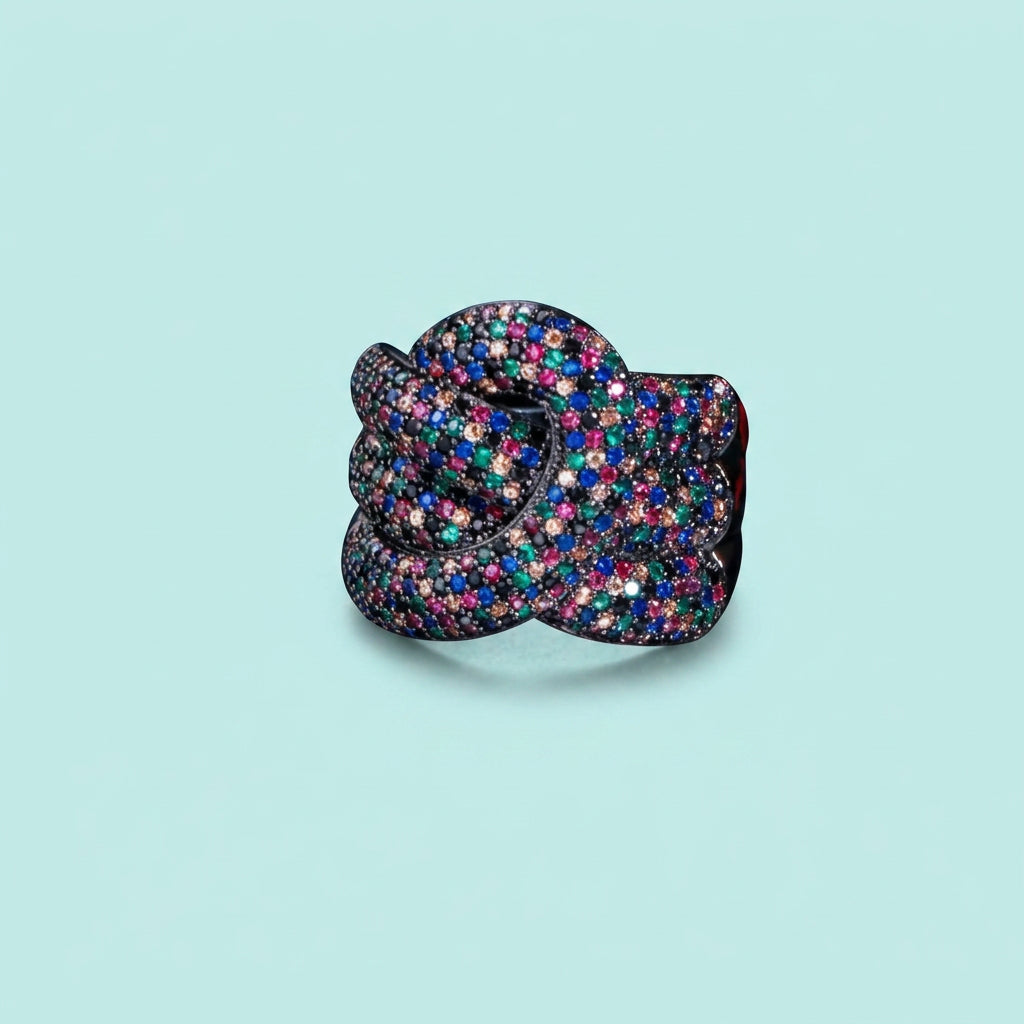 Rainbow cubic zirconia black plated woven twist ring