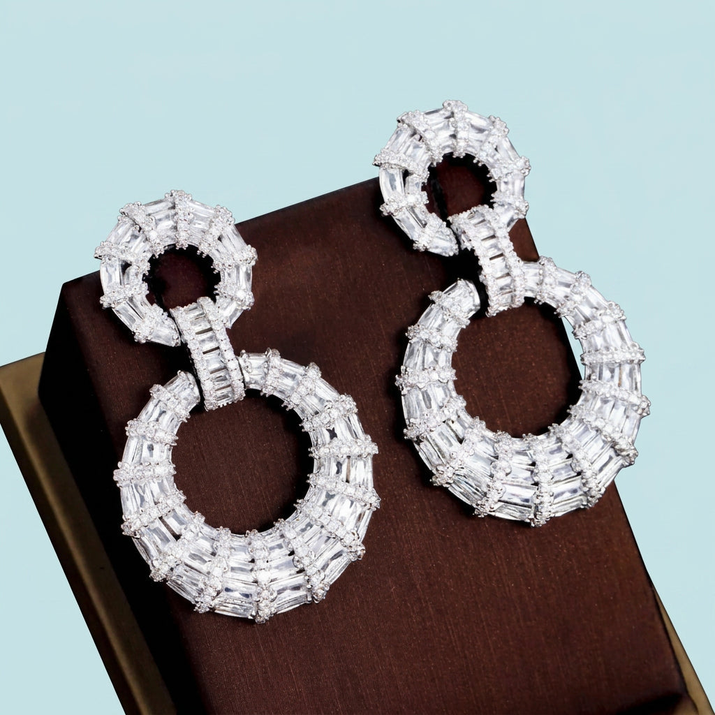 White Gold Plated Chunky Round Dangle Earrings - Side