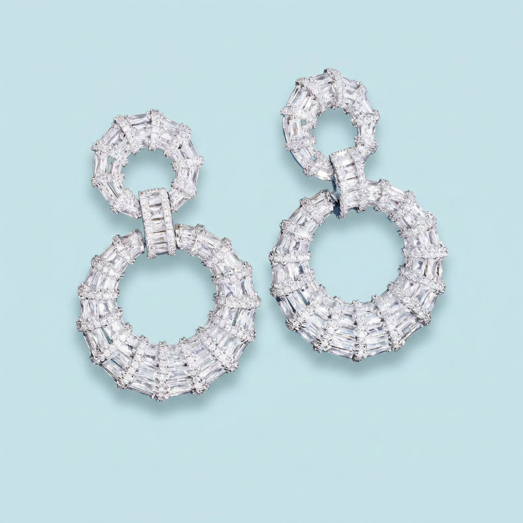 White Gold Plated Chunky Round Dangle Earrings - Detail