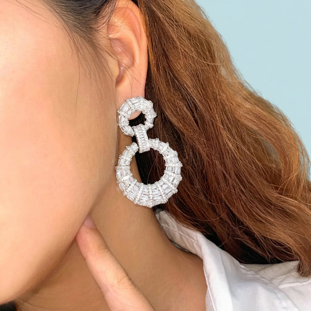 White Gold Plated Chunky Round Dangle Earrings - Worn