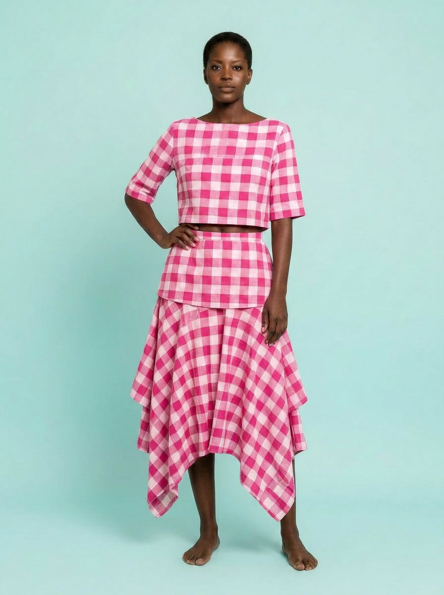 Rosé Gingham Crop Two-Piece Set on model