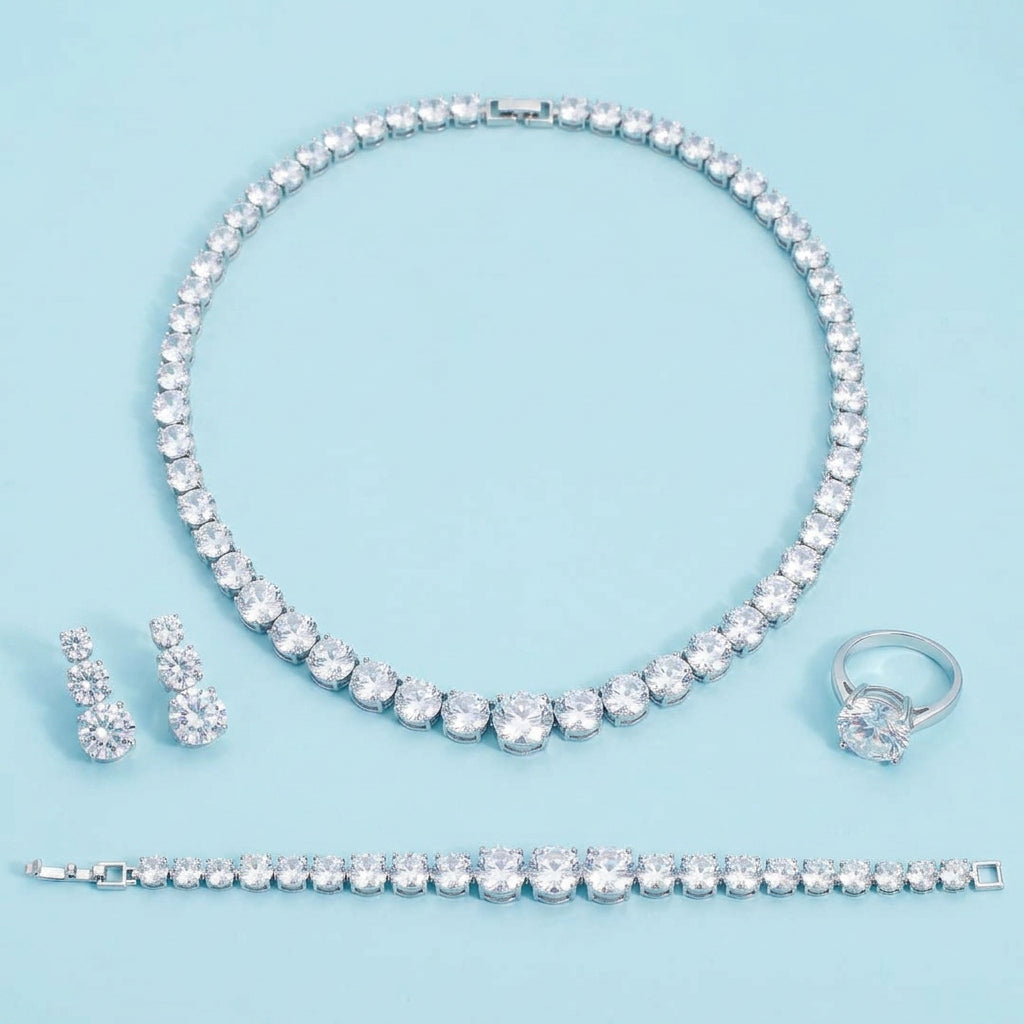 Round CZ 4-Piece Set - Necklace, Earrings, Bracelet, Ring