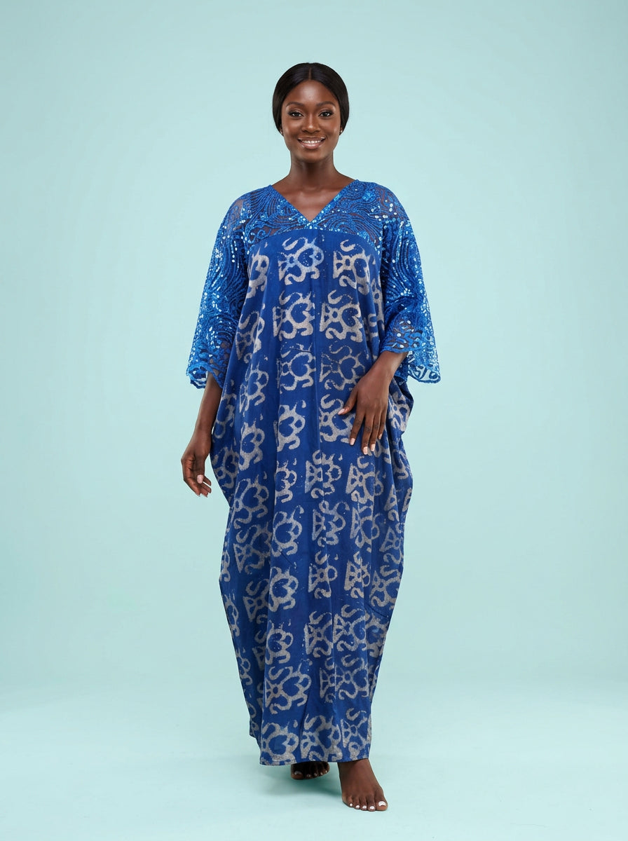 Royal Cobalt Sequin Adire Lace Bubu Gown on model