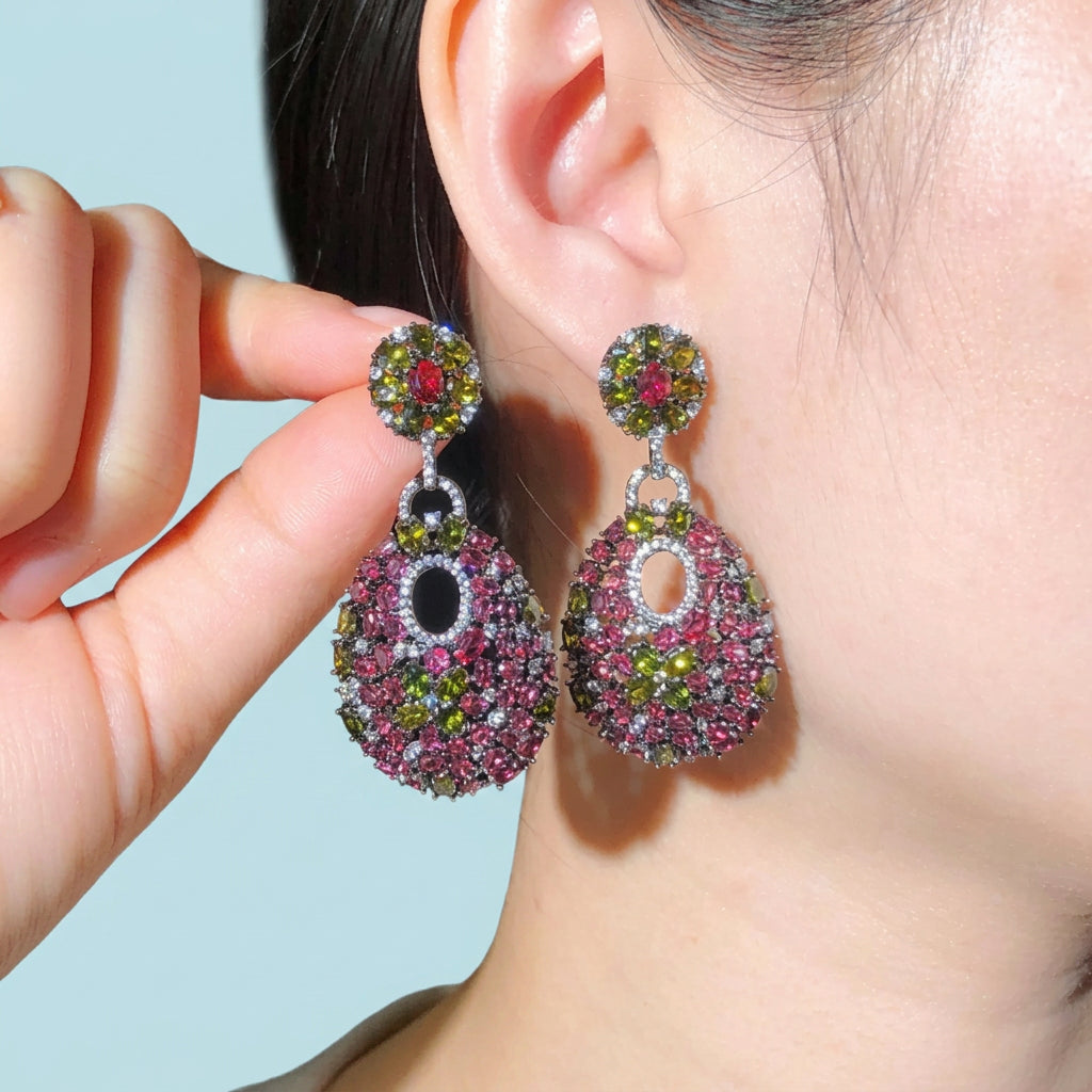 Rose red CZ long drop earrings