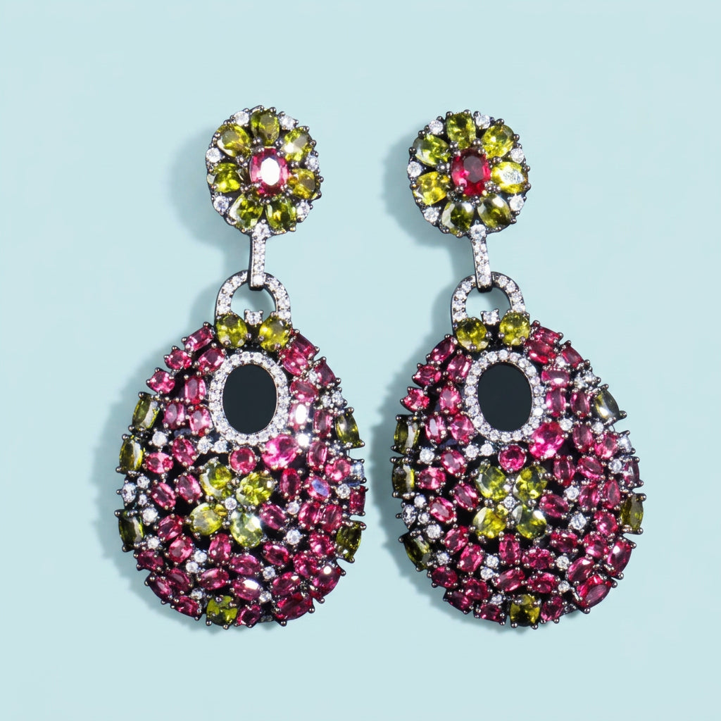 Rose red CZ long drop earrings front