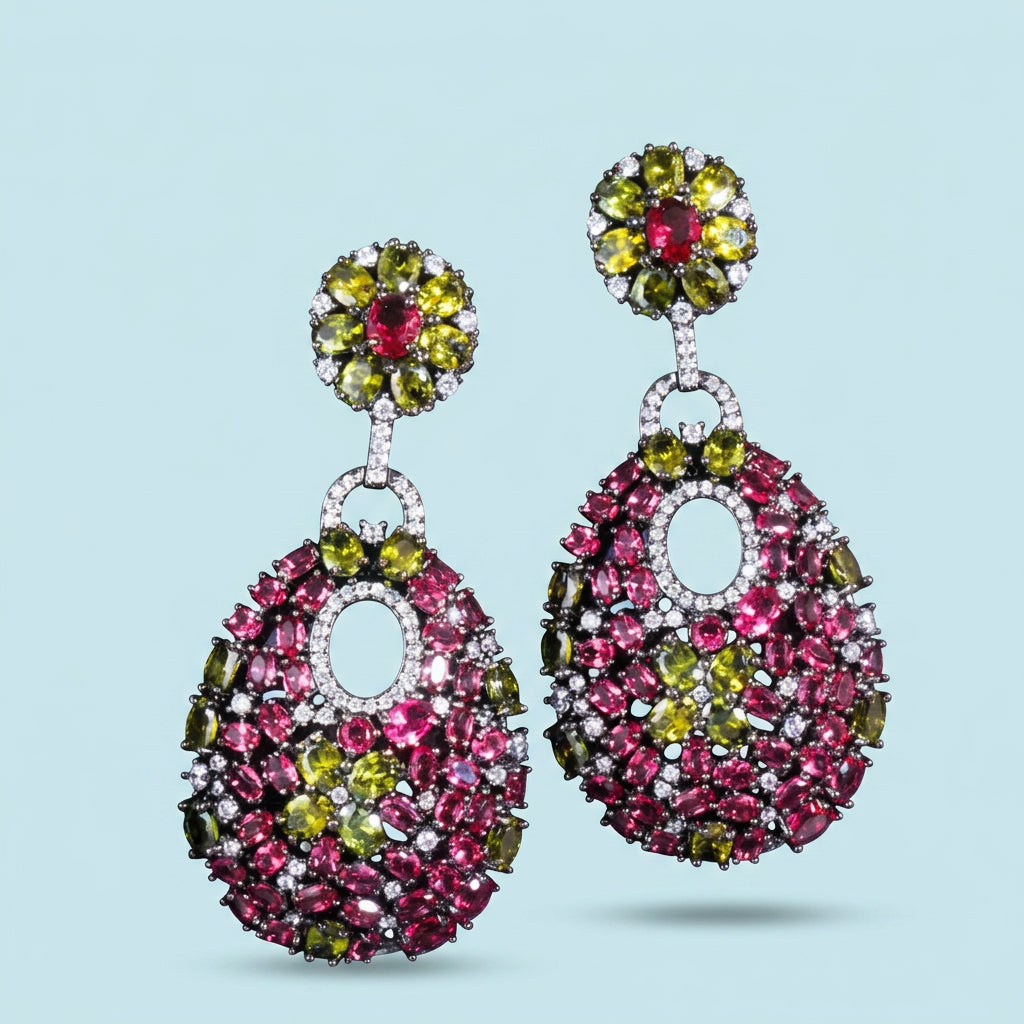 Rose red CZ long drop earrings detail
