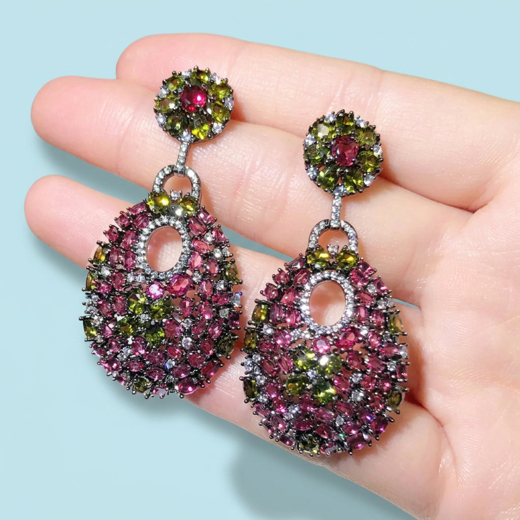 Rose red CZ long drop earrings angle