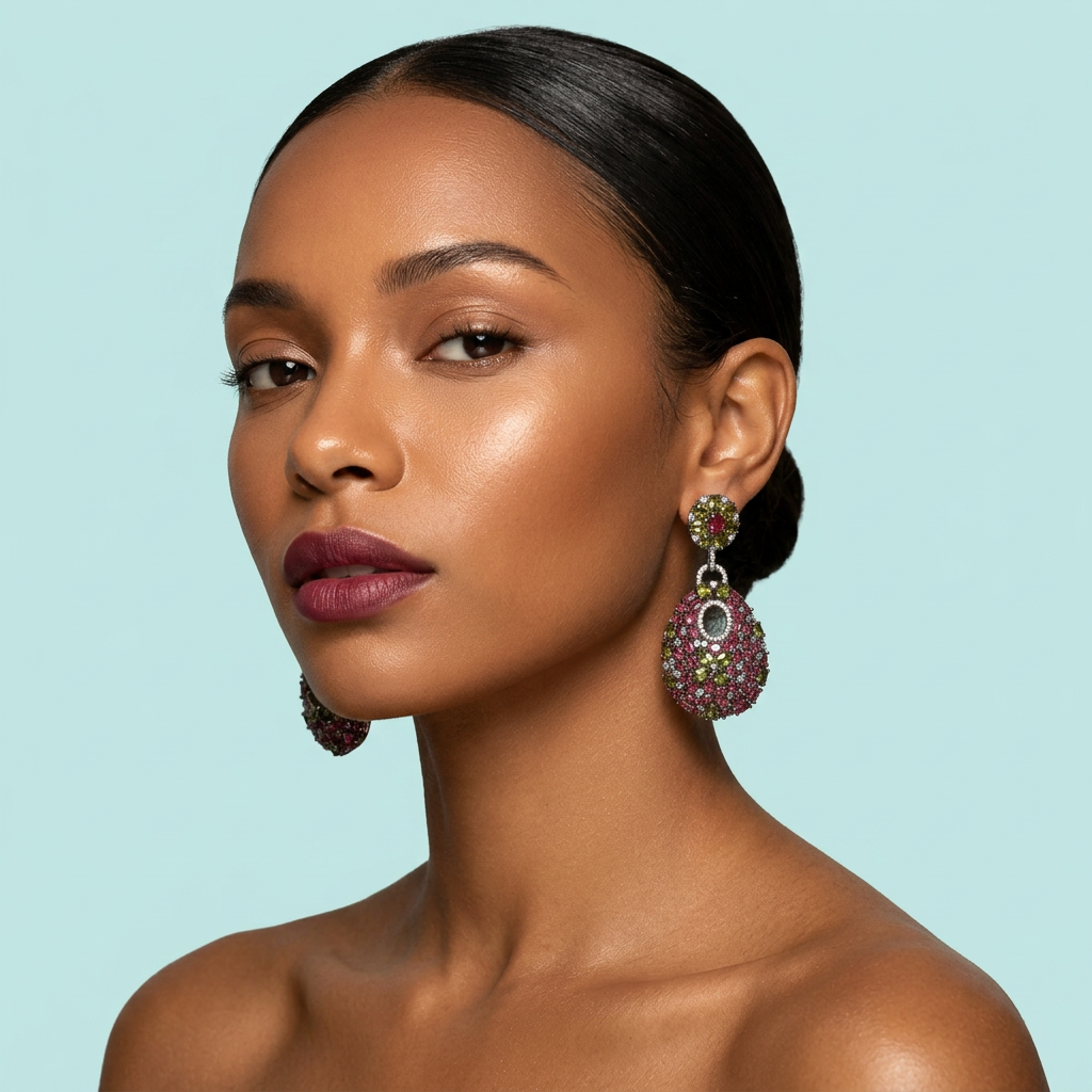 Model wearing rose red CZ long drop earrings