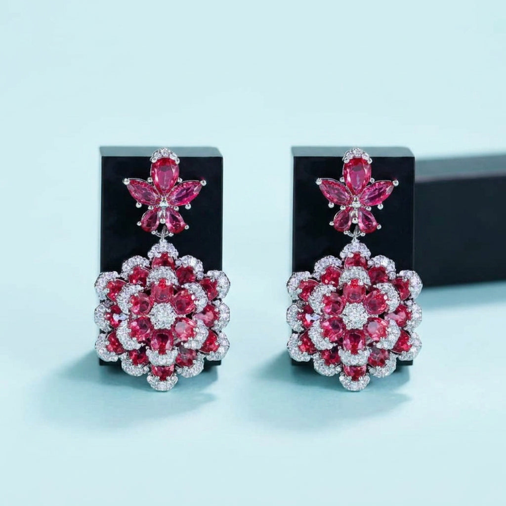Ruby red flower CZ dangle earrings