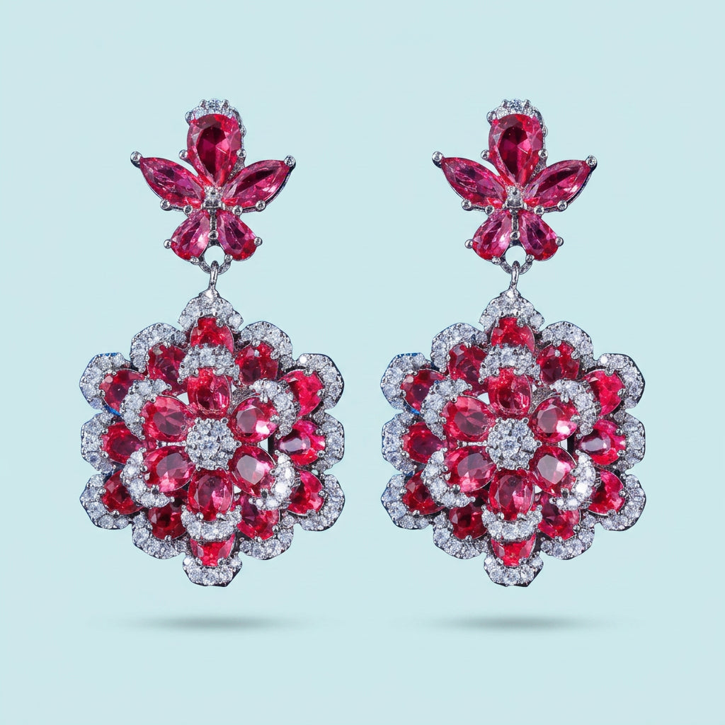 Ruby red flower CZ earrings detail