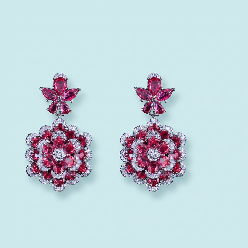 Ruby red flower CZ earrings angle