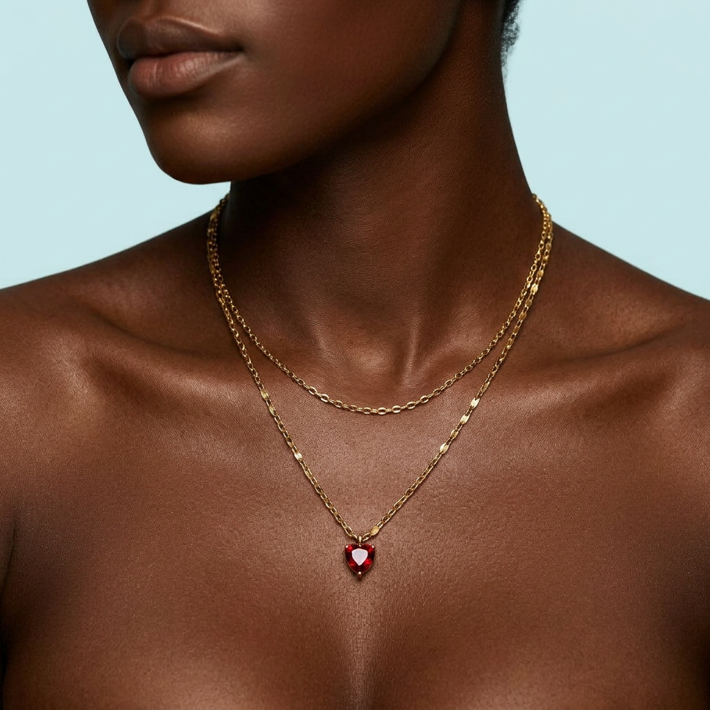 African model wearing ruby zircon heart layered necklace