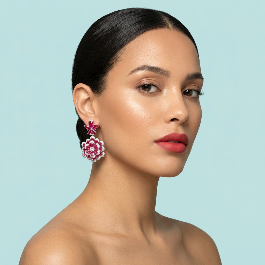 Model wearing ruby red flower CZ dangle earrings