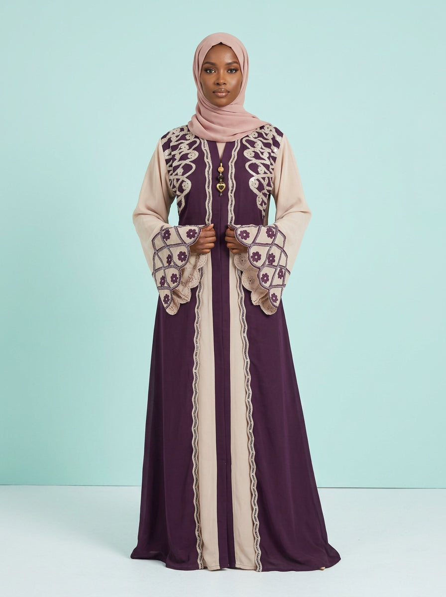 Ruqayya Plum Royal Abaya on model