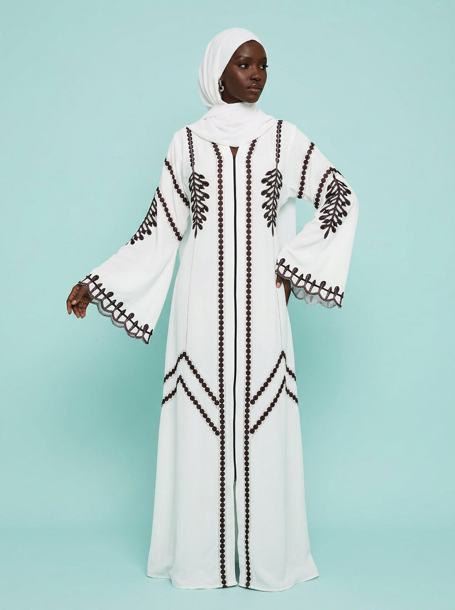 Safiya Ivory Leaf Abaya on model