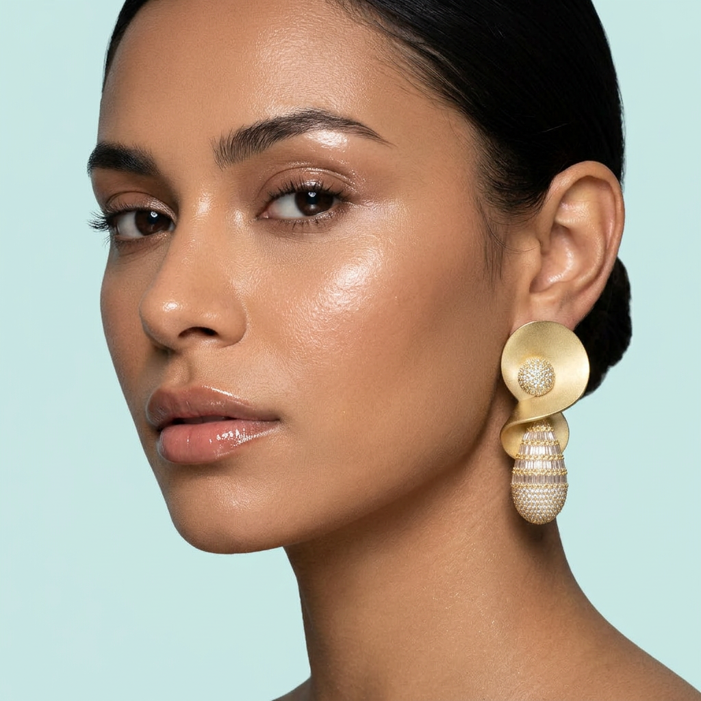 Model wearing sandblast gold CZ dangle drop earrings