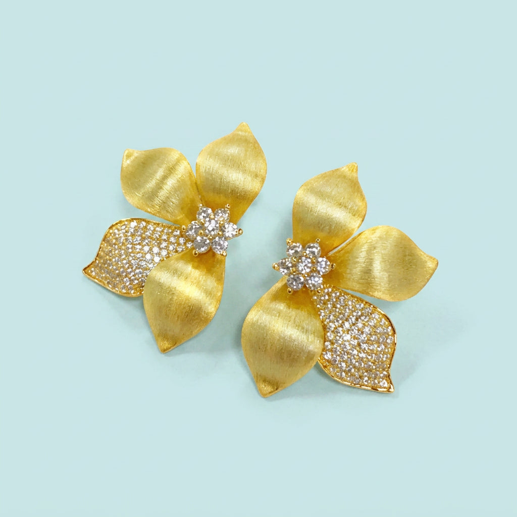 Satin gold flower CZ stud earrings