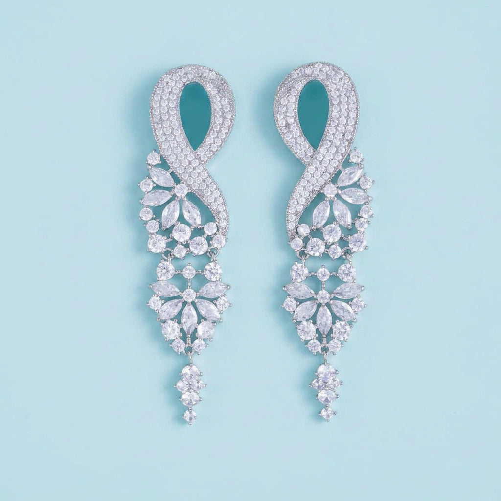 Sparkling CZ Pave Long Leaf Earrings