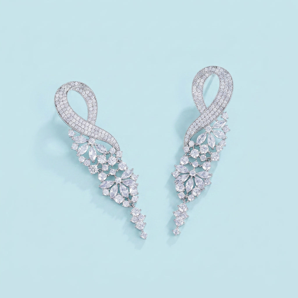 Sparkling CZ Pave Long Leaf Earrings detail