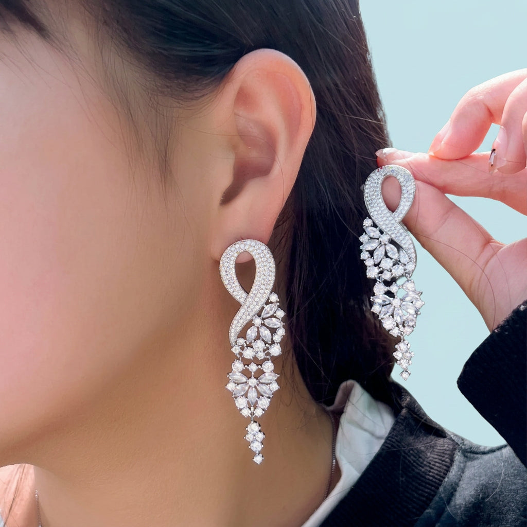 Sparkling CZ Pave Long Leaf Earrings angle