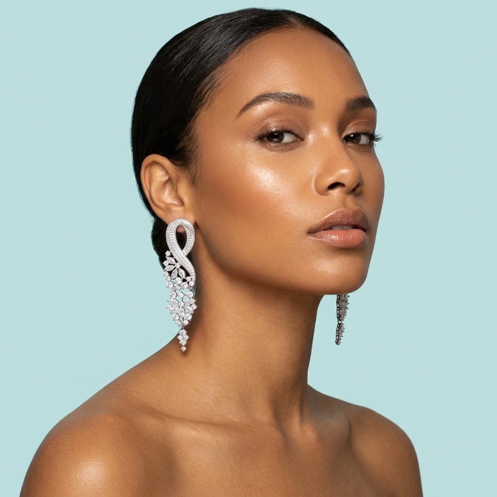 Model wearing extra-long silver CZ chandelier earrings