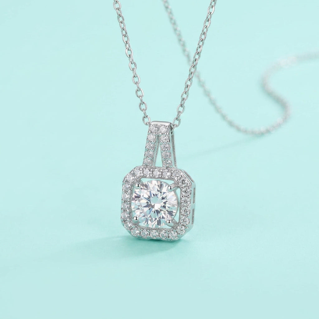 Square halo necklace pendant detail