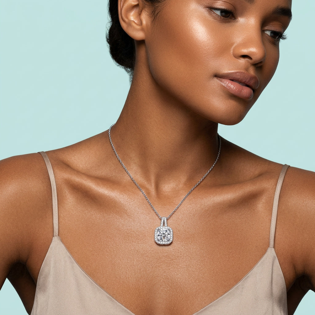 Square halo necklace on model