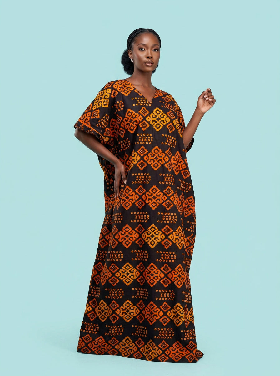 Tangerine Mosaic Ankara Bubu Gown — full length styling on model