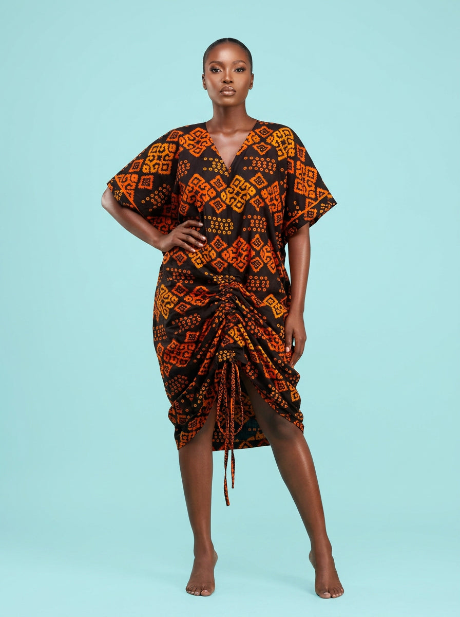 Tangerine Mosaic Ankara Bubu Gown — ruched draped styling on model
