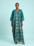 Teal Swirl Adire Lace Bubu Gown on model