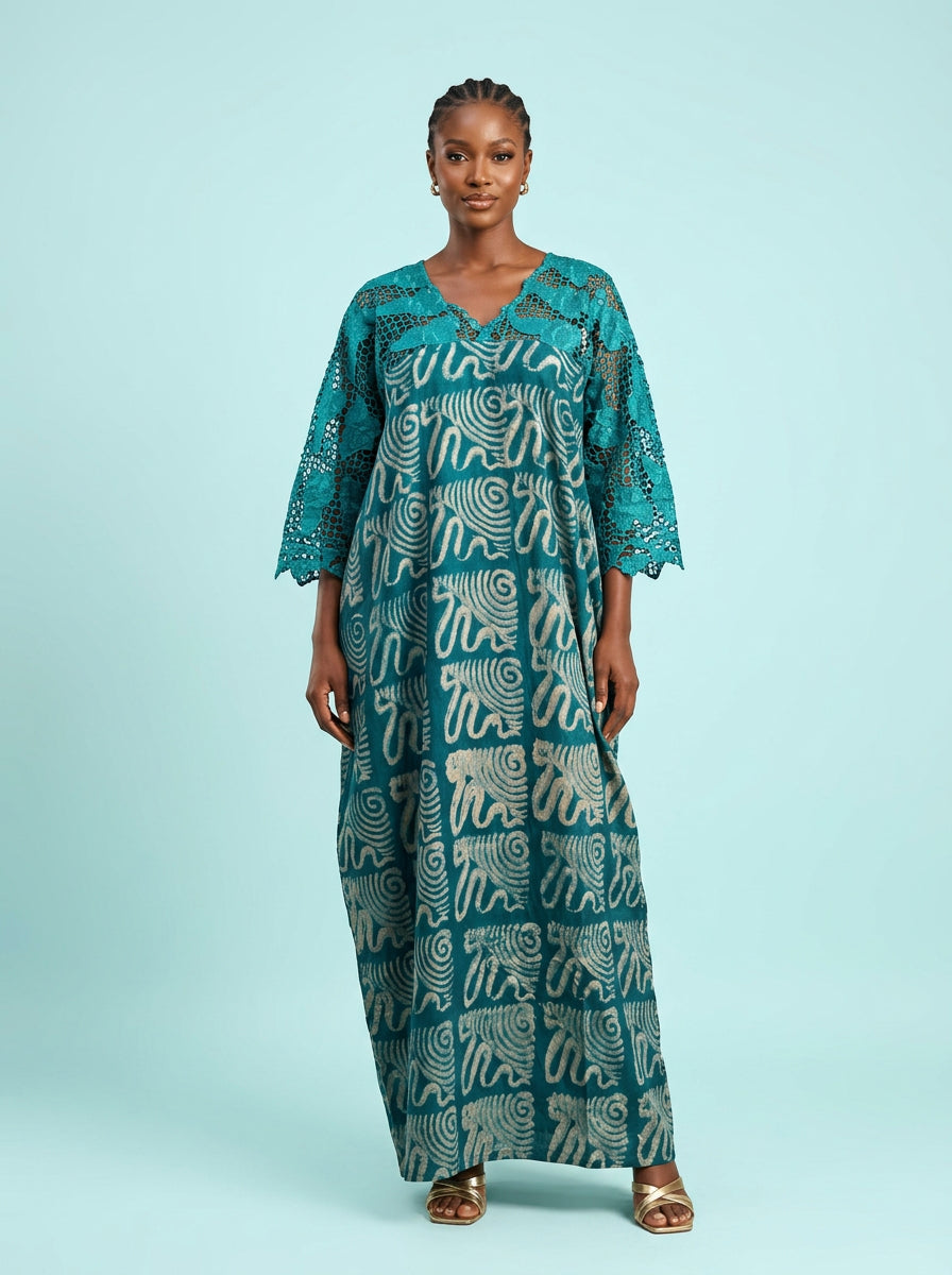 Teal Swirl Adire Lace Bubu Gown on model