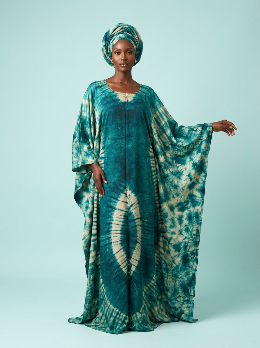 Tidal Shibori Tie-Dye Bubu Gown with Scarf on model