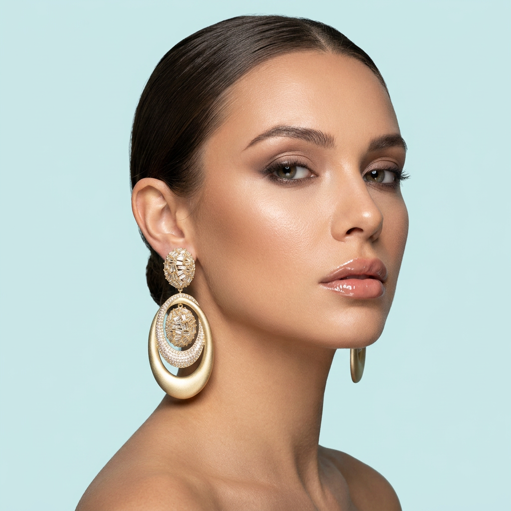 Model wearing trendy long sandblast gold dangle earrings
