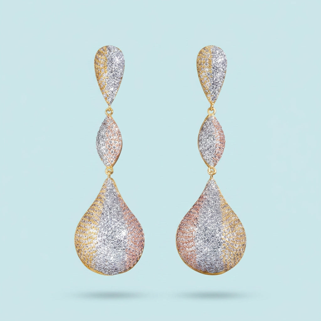 Tri-tone Dubai CZ long drop earrings