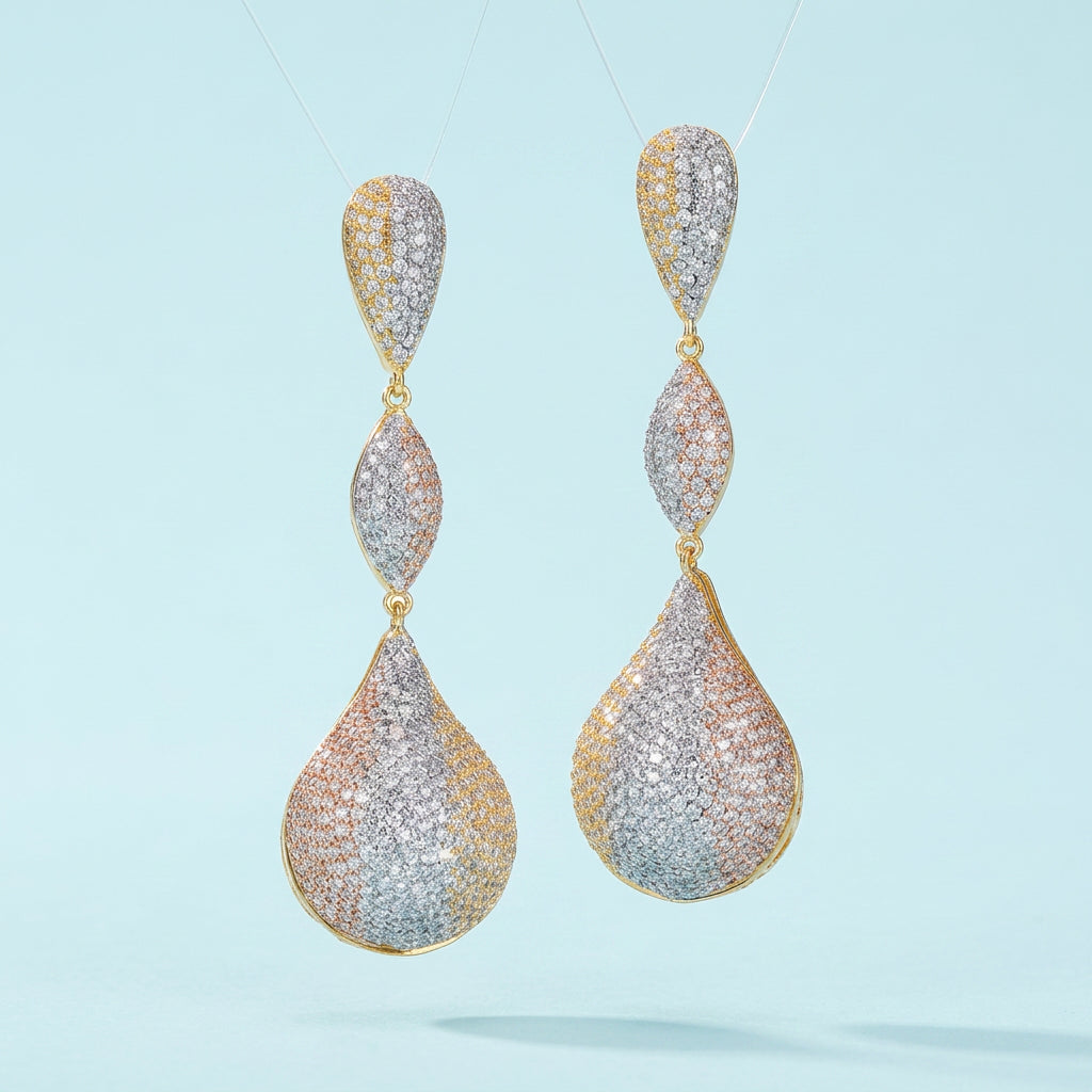 Tri-tone Dubai CZ earrings front