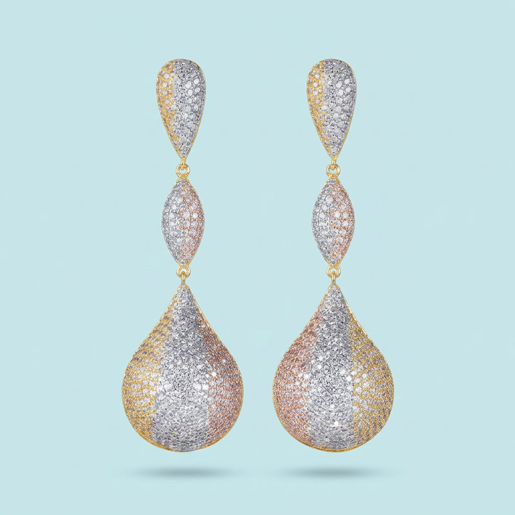 Tri-tone Dubai CZ earrings detail