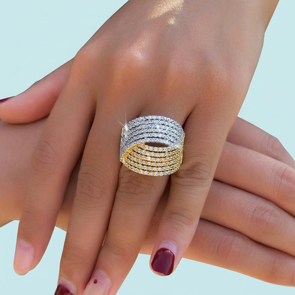 Two Tone Twist Line Statement Ring on hand
