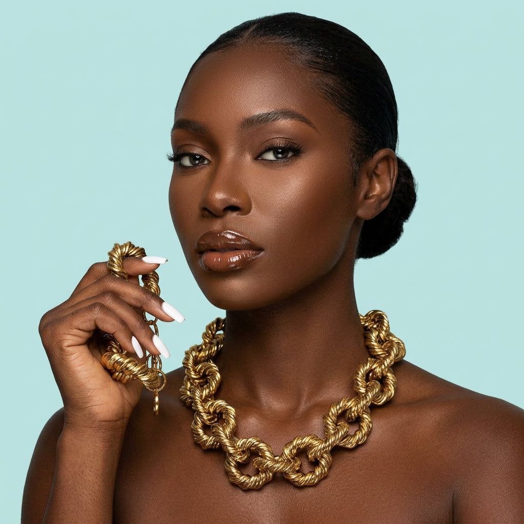 African model wearing gold twist chain necklace and bracelet set