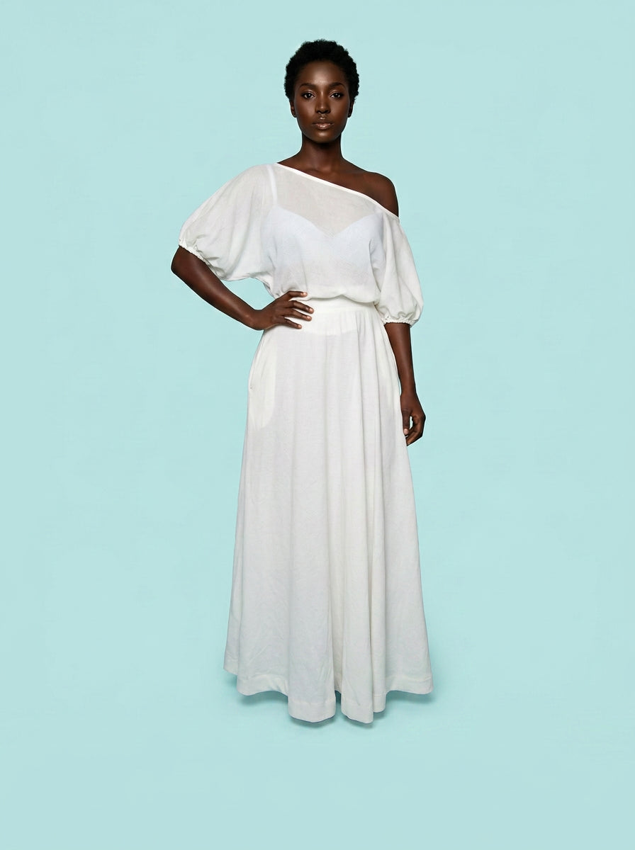 White Crop 2 Piece Top And Skirt on model